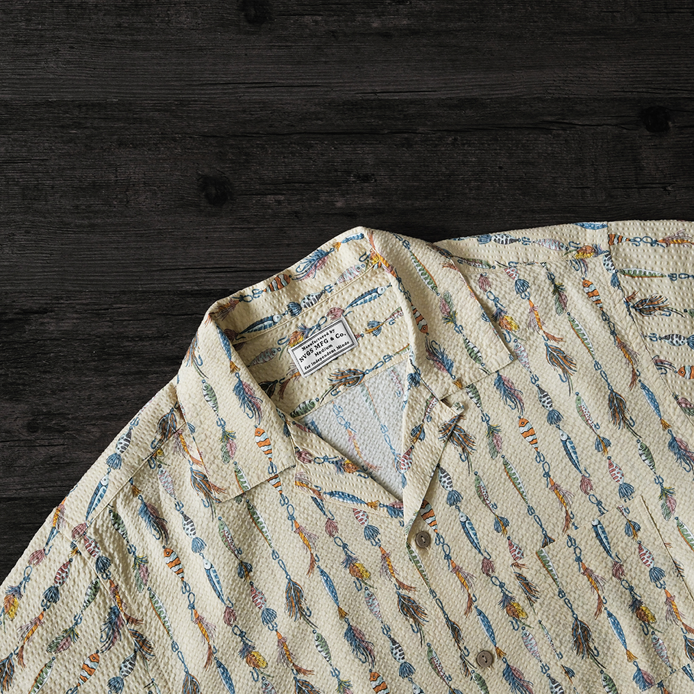 NVGS Mfg 柠黄色日本泡泡纱鱼饵印花古巴领衬衫夏威夷透气夏复古