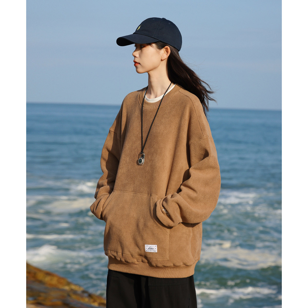 kouemgi空味冬季新款日系卫衣基础宽松摇粒绒圆领衫卫衣