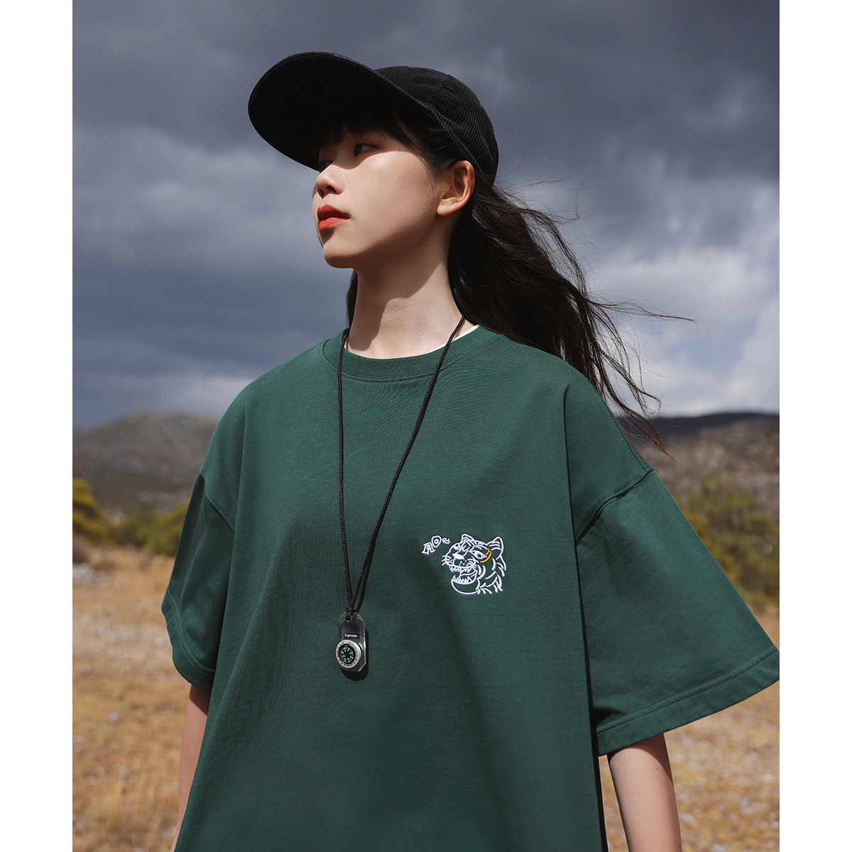 KOUEMGI空味日系潮牌老虎刺绣短袖t恤男夏季纯棉百搭260g重磅体恤