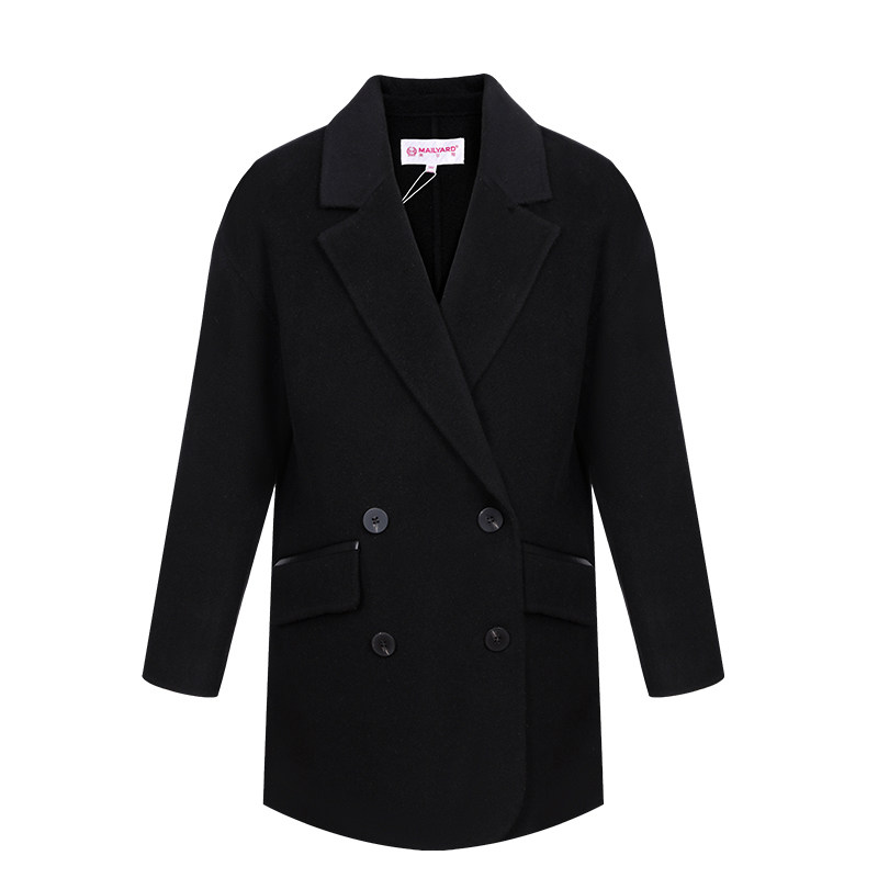 美尔雅女装中长休闲大衣翻领双排绵羊毛双面外套毛呢外套