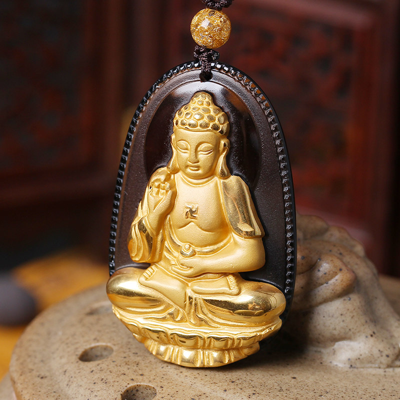天然黄金镀金曜石阿弥陀佛十二生肖属狗本命守护神吊坠项坠