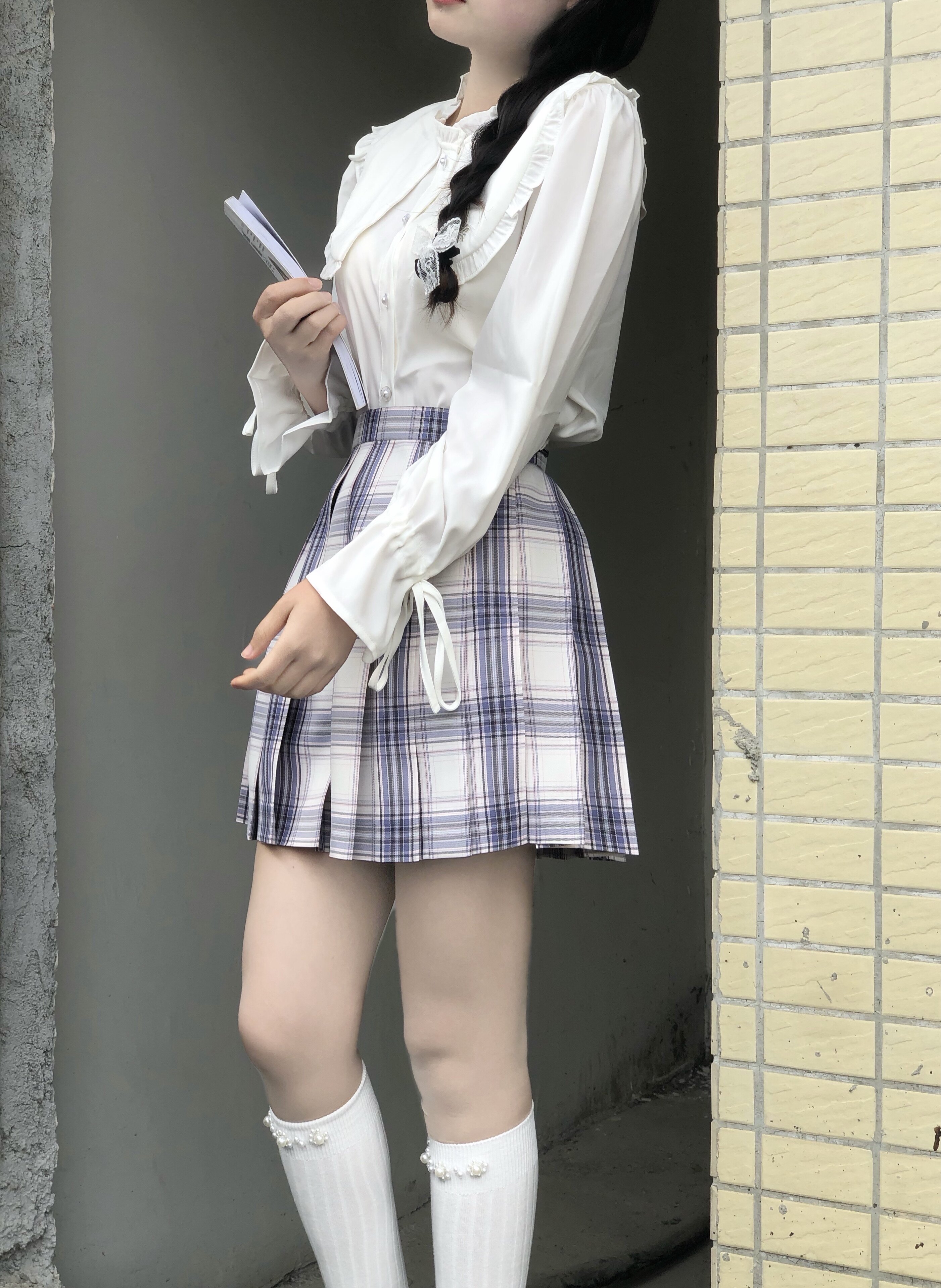 jk平角领结清冷大小小姐气质蓝紫格裙学生半身裙