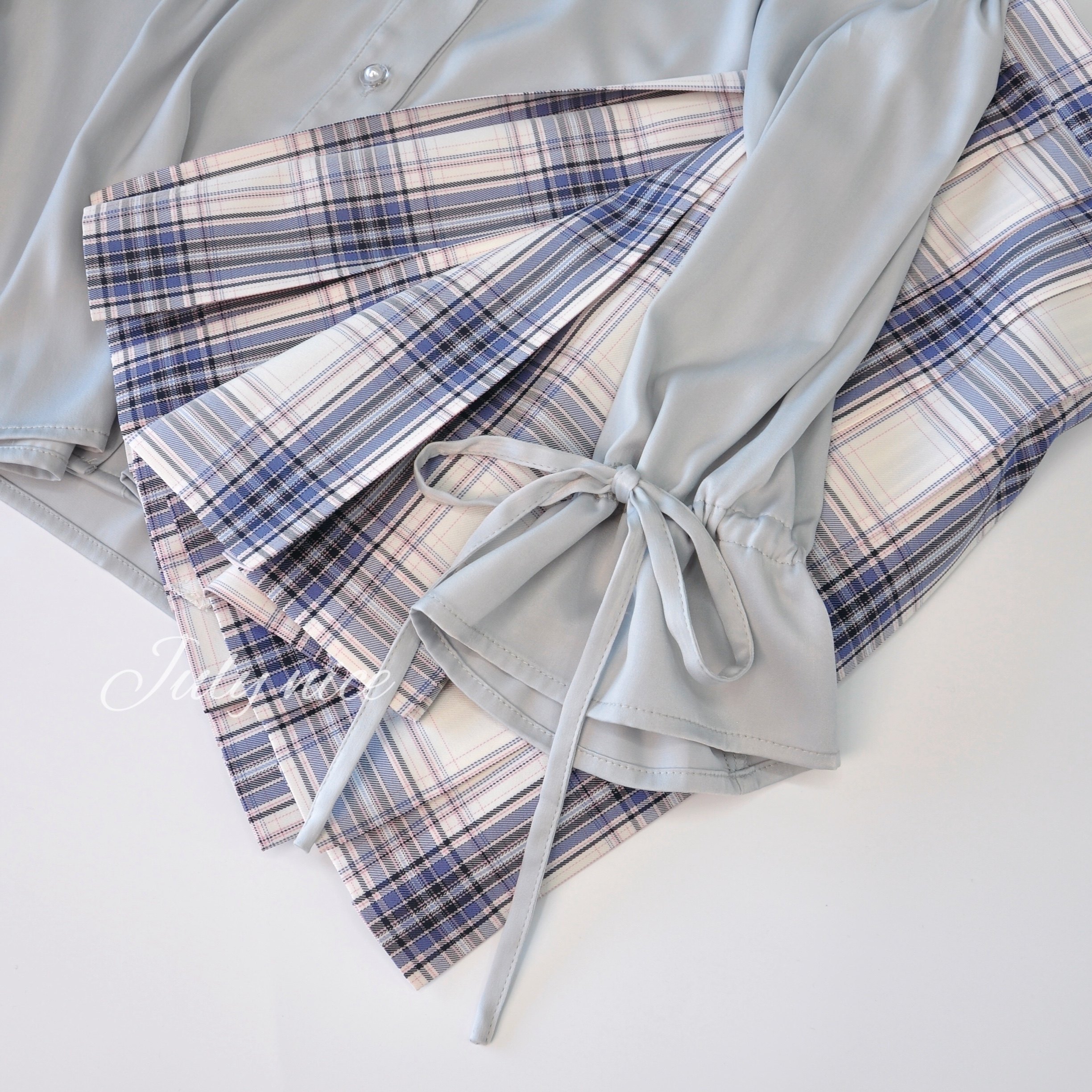 jk平角领结清冷大小小姐气质蓝紫格裙学生半身裙