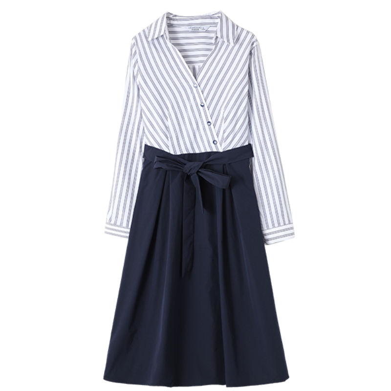 沫晗依美简约条纹裙子2022秋季新款高级质感撞色连衣裙