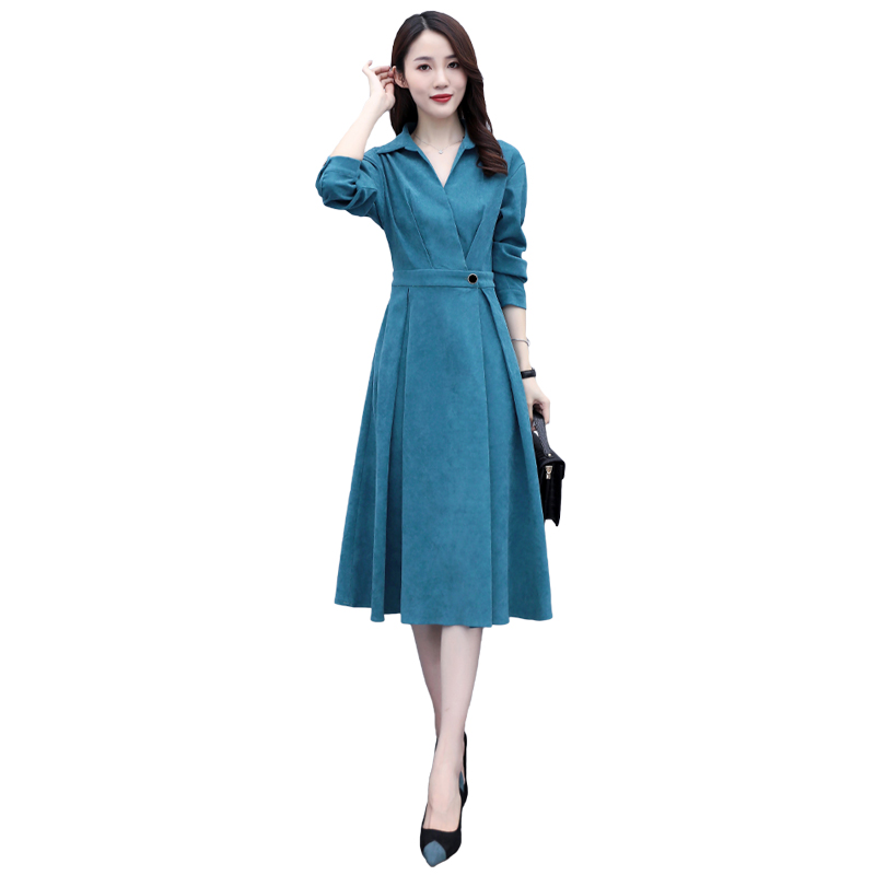 春秋优雅裙子连衣裙连衣长袖收腰轻熟过膝ol连衣裙