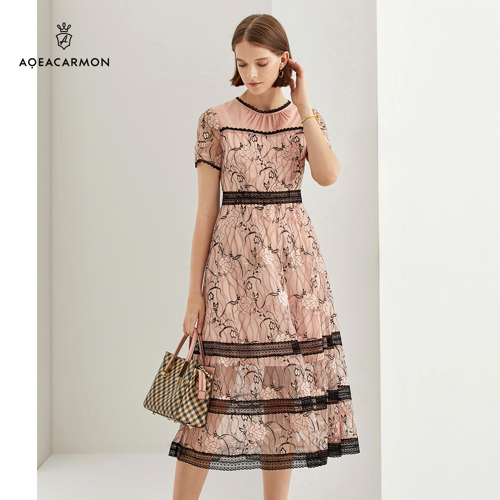 aqeacarmon雅格上美2020新品女装优雅蕾丝蛋糕层网连衣裙