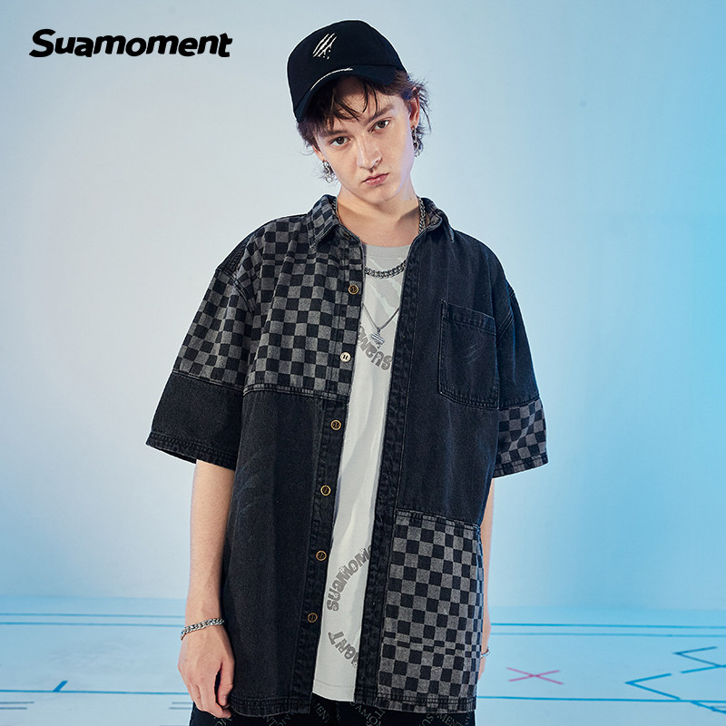 suamoment抓痕棋盘格牛仔拼接痞帅衬衫夏季薄款半袖衬衫
