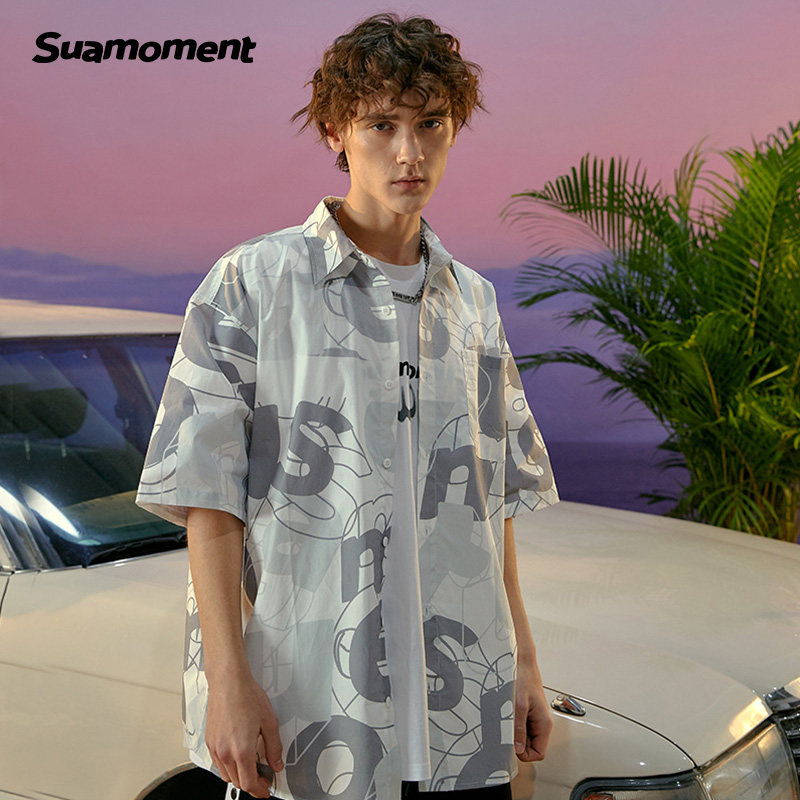 suamoment抓痕满印乱字母短袖衬衫男女潮牌嘻哈衬衣衬衫