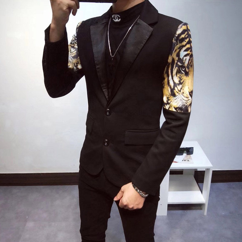 2020fw欧美时尚走秀款老虎pu拼接西服休闲发型师西服