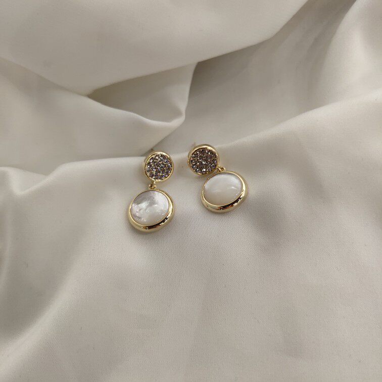 纯银耳针白色圆形耳钉高级简约百搭耳环白领耳环