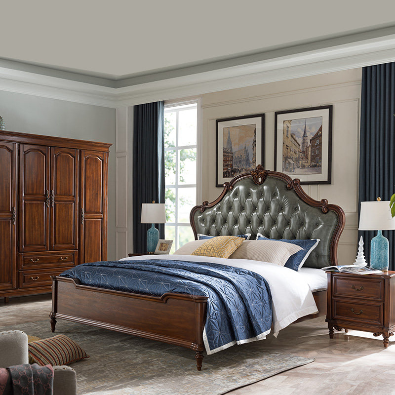 威灵顿现代轻奢真皮床美式乡村实木床简美别墅主卧双人床a60318
