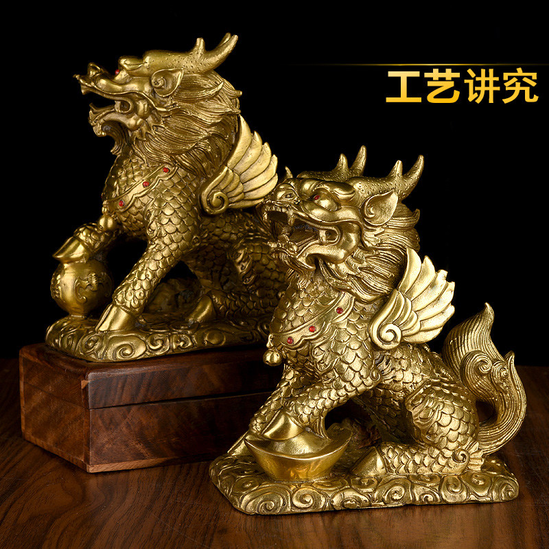 聚贤阁开光纯铜麒麟摆件一对八卦镇宅招财送子安摆件