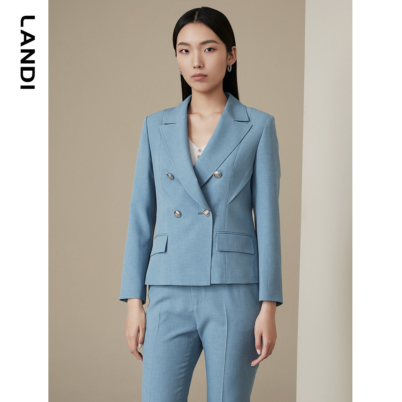新款landi蓝地春季 外套女高级感通勤职业西服上衣 湖蓝色小西装抖音