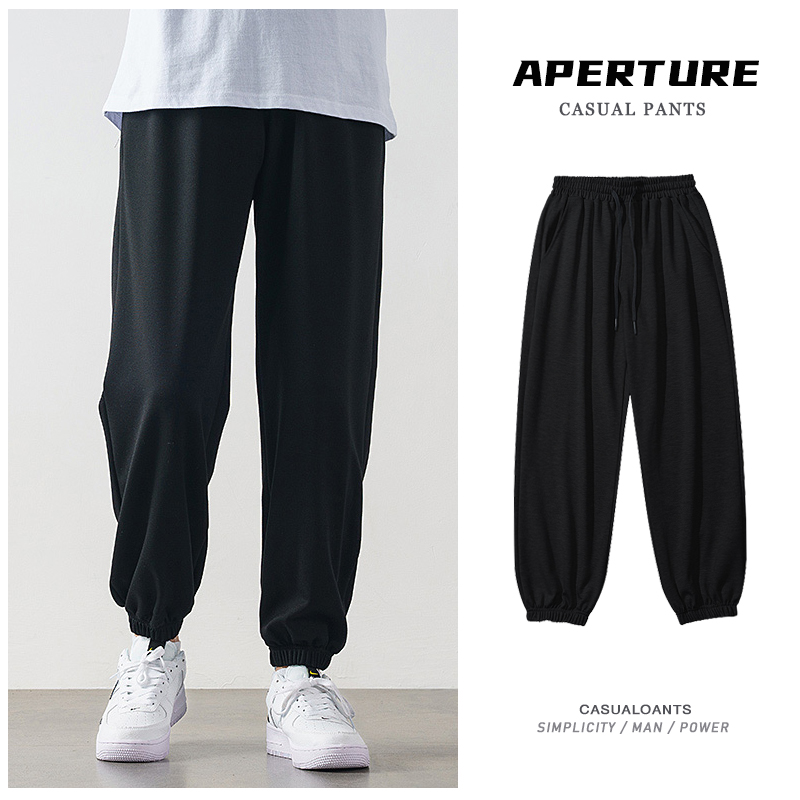 裤子男士夏季冰丝薄款黑色运动裤束脚潮牌宽松卫裤垂感休闲长裤男