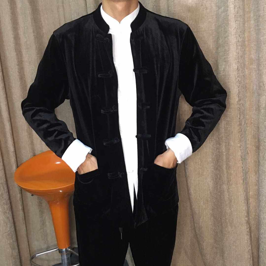2020复古男士新款金丝绒黑色套装中式盘扣唐装其他套装
