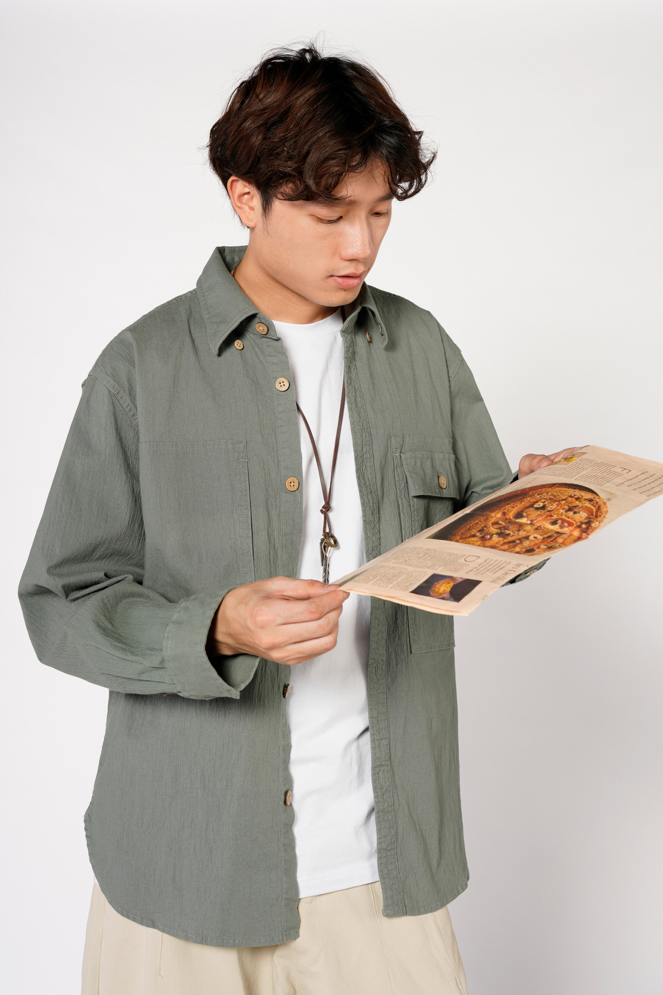 libertykostume秋季日系港风工装军事风复古长袖学生衬衫灰军绿男