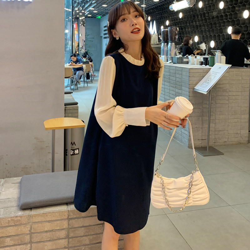 孕妇秋装怀孕期大码宽松松显裙子时尚两件拼接连衣裙