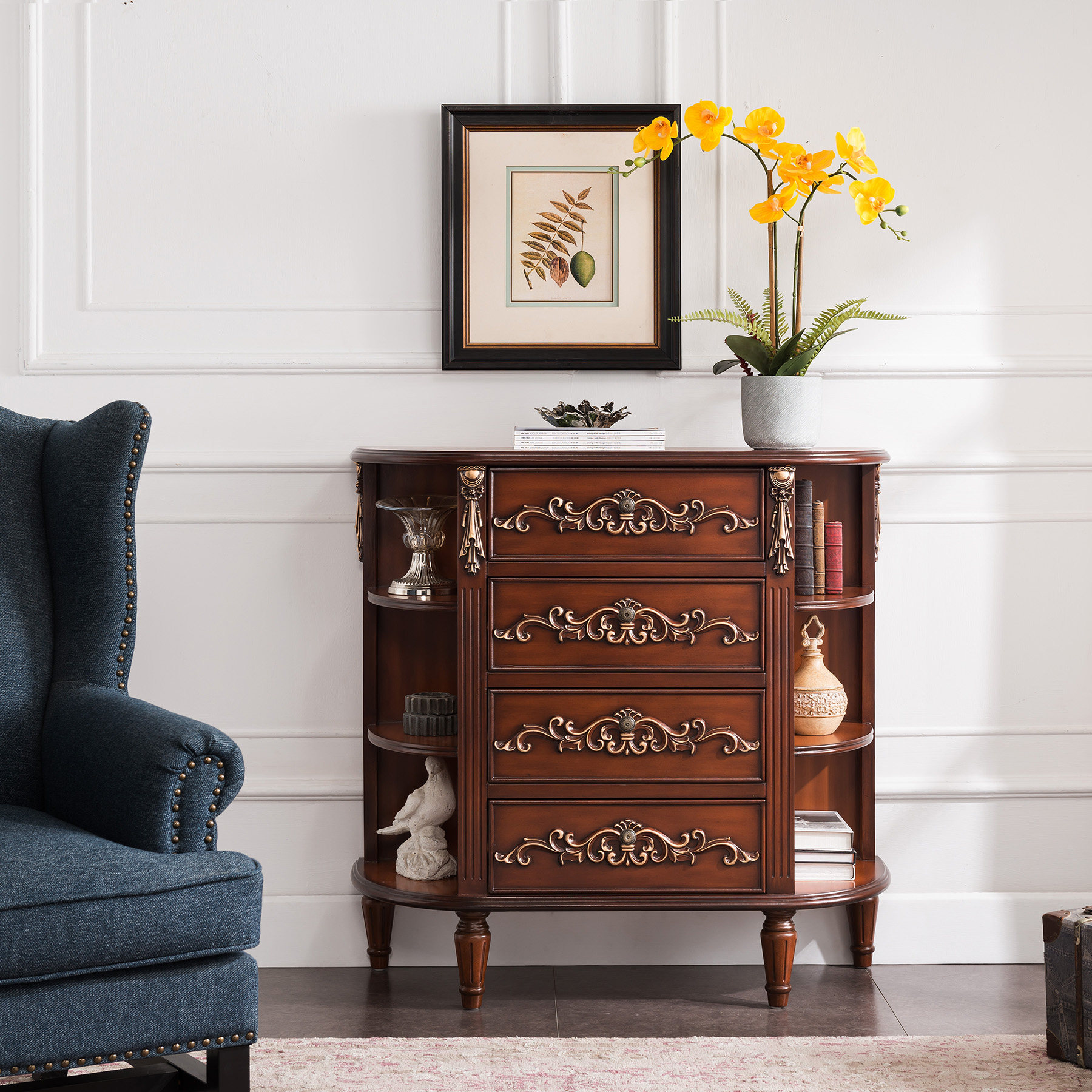 美式乡村彩绘实木玄关半圆柜欧式复古四斗餐边柜酒柜现代走廊边柜