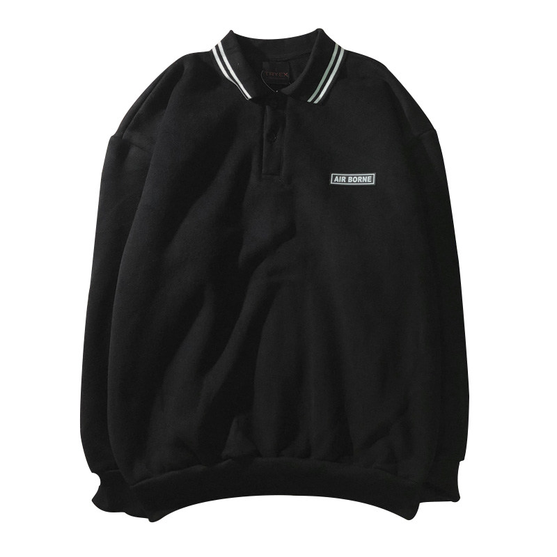 国潮街头简约字母印花长袖polo衫男潮牌宽松卫衣