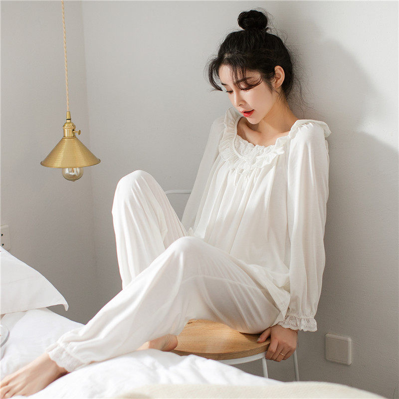 白色睡衣秋冬纯棉薄款暖气圆领套头公主甜美睡衣