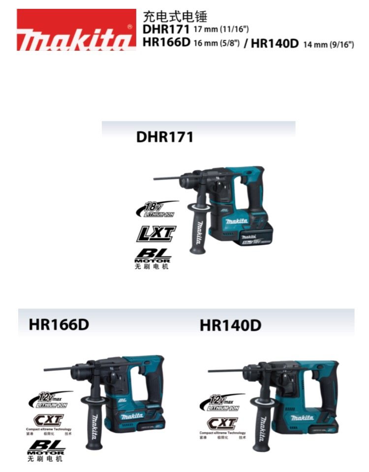 makita牧田充电式电锤dhr171zhr166dzhr140dz电锤