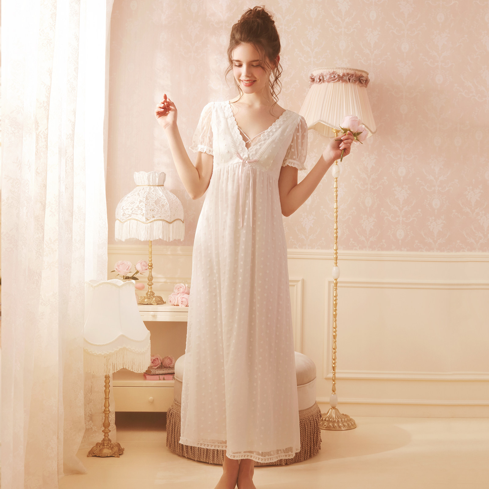rosetree公主睡裙夏季薄款短袖蕾丝性感法式宫廷睡裙