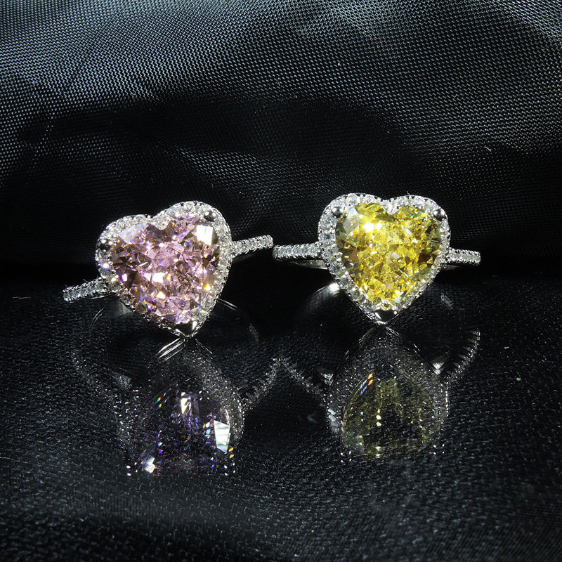 进口莫桑石钻指女群pt950铂金戒指心形粉钻黄钻手饰