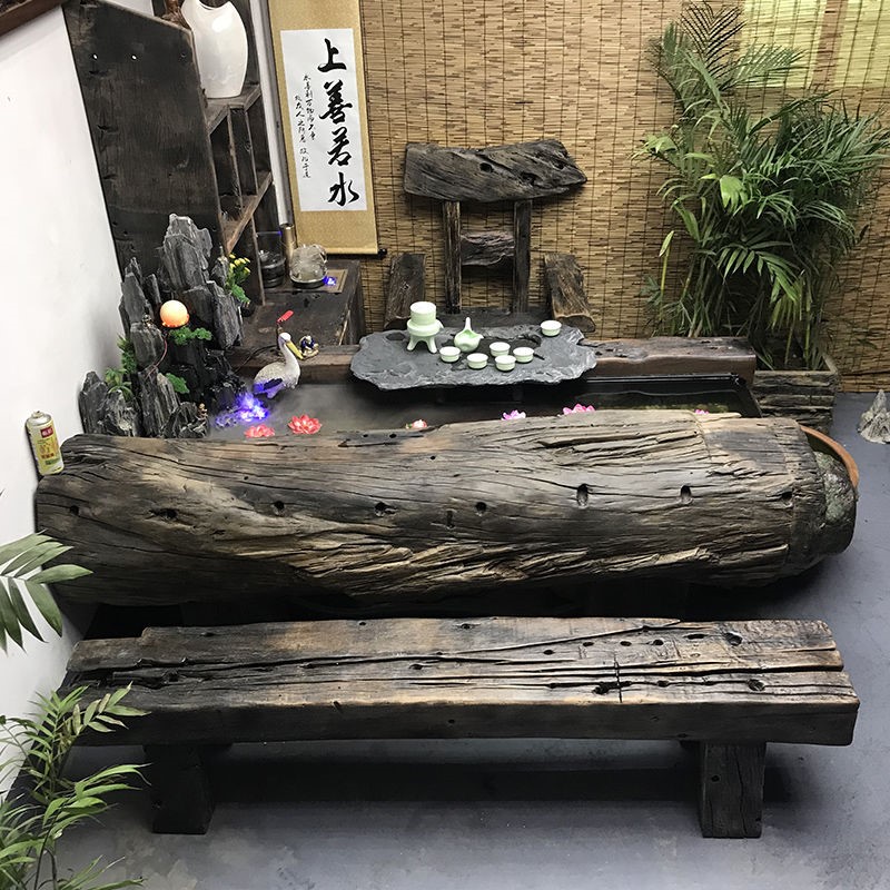 茶桌茶台老船木龙龙骨循环流水养鱼中式茶几茶几