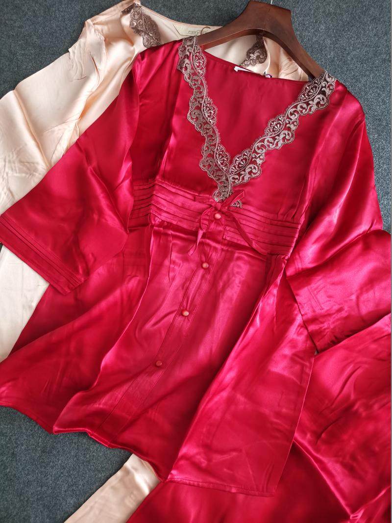 真丝丝绸七分蕾丝蚕丝桑蚕套装家居服长裤长袖睡衣