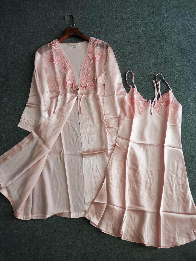 新款丝绸蚕丝桑蚕套装二件女士蕾丝纯色睡袍睡袍