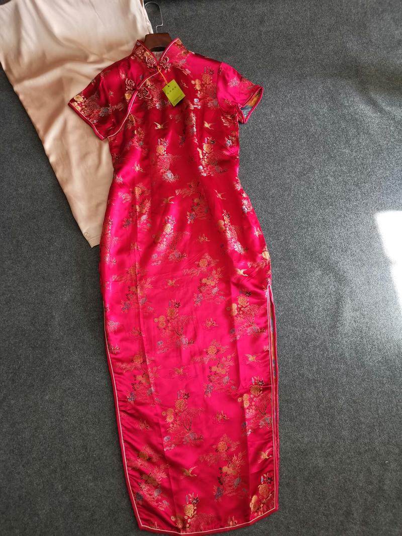 织锦绸缎长款旗袍裙原创复古老上海手工旗袍短袖中式礼服宴会晚装