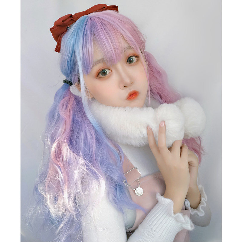 拼色粉蓝渐变双色夏季假发洛丽塔儿童原宿羊毛卷日常整顶假发