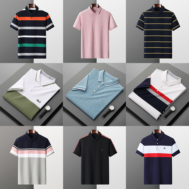 撤柜剪标条纹撞色翻领短袖t恤男 夏季宽松薄款舒适珠地网眼polo衫