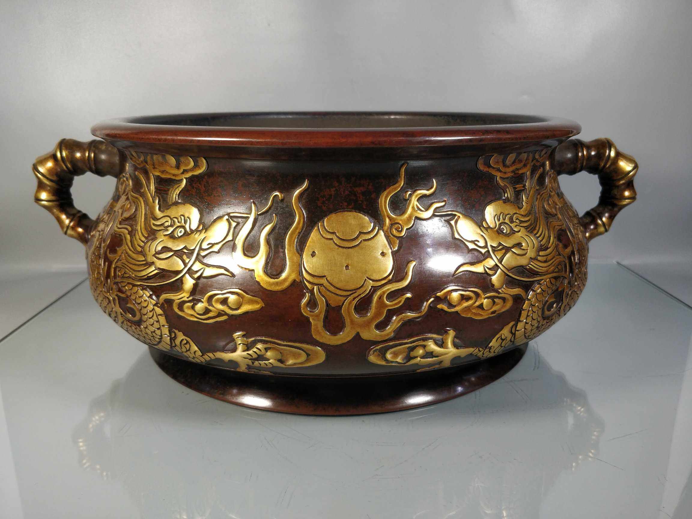 老件紫铜鎏金崇祯辛巳30公分11公斤二龙戏珠竹节香炉摆件