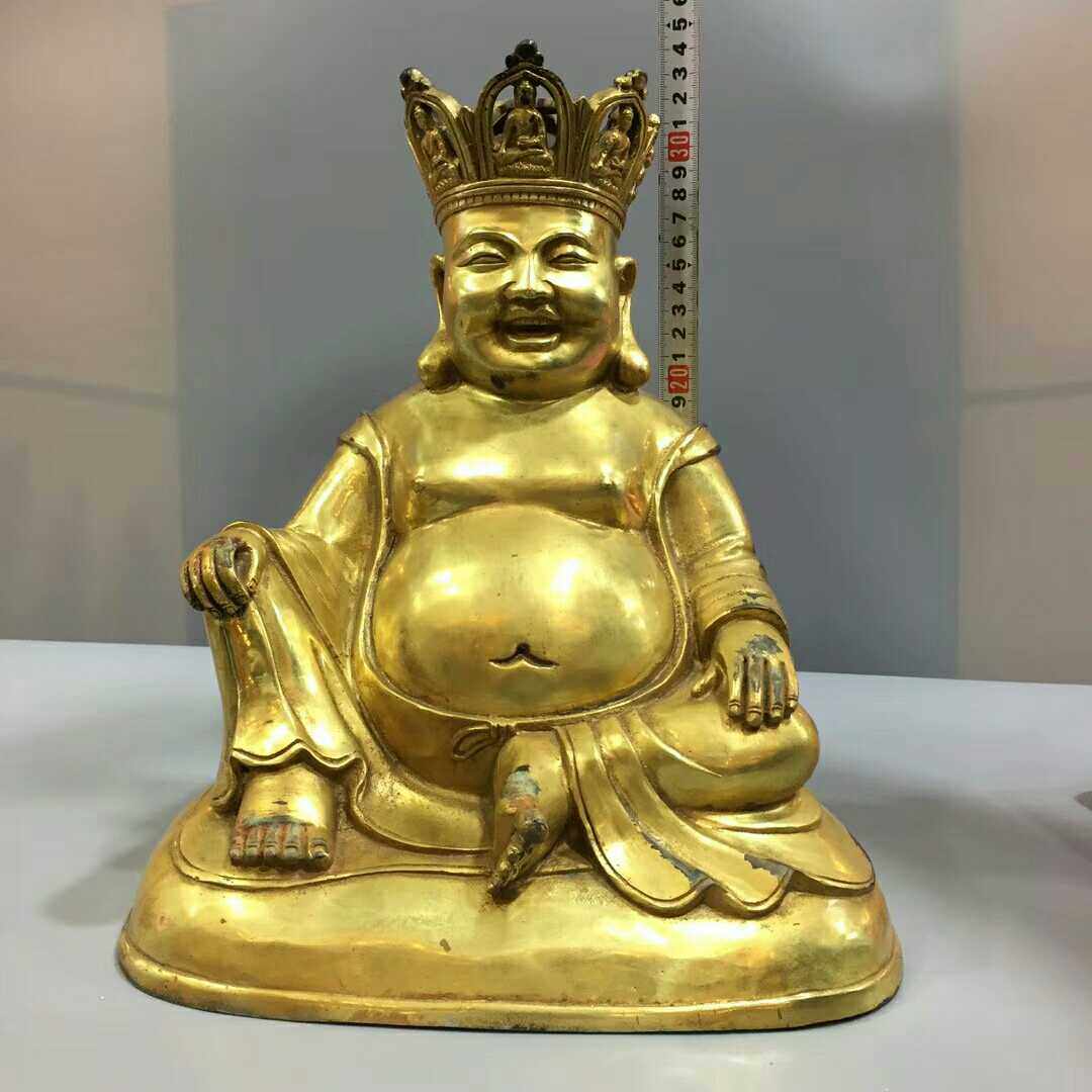 独特收藏老铜老件鎏金35公分五佛僧帽五福弥勒圣诞礼品