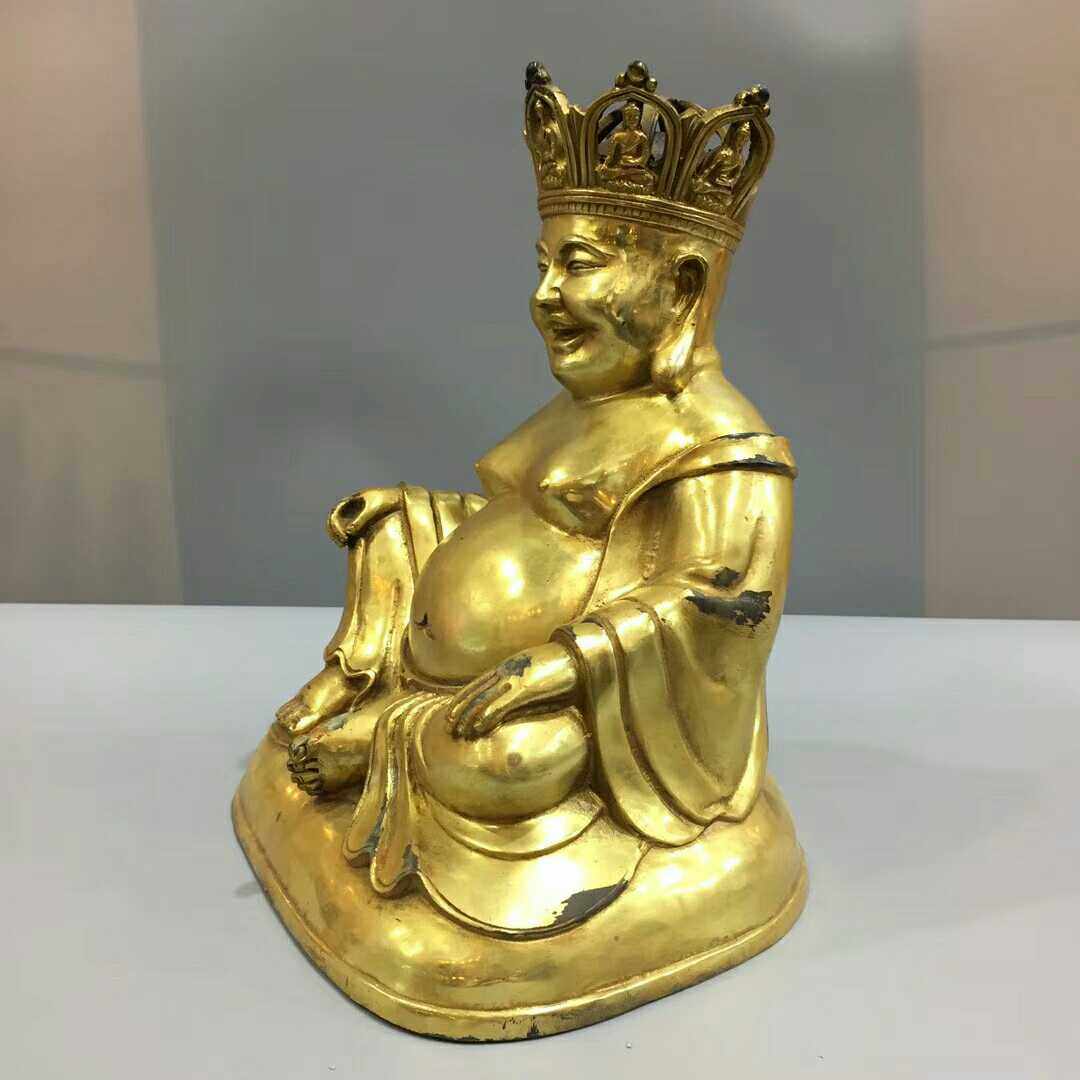 独特收藏老铜老件鎏金35公分五佛僧帽五福弥勒圣诞礼品