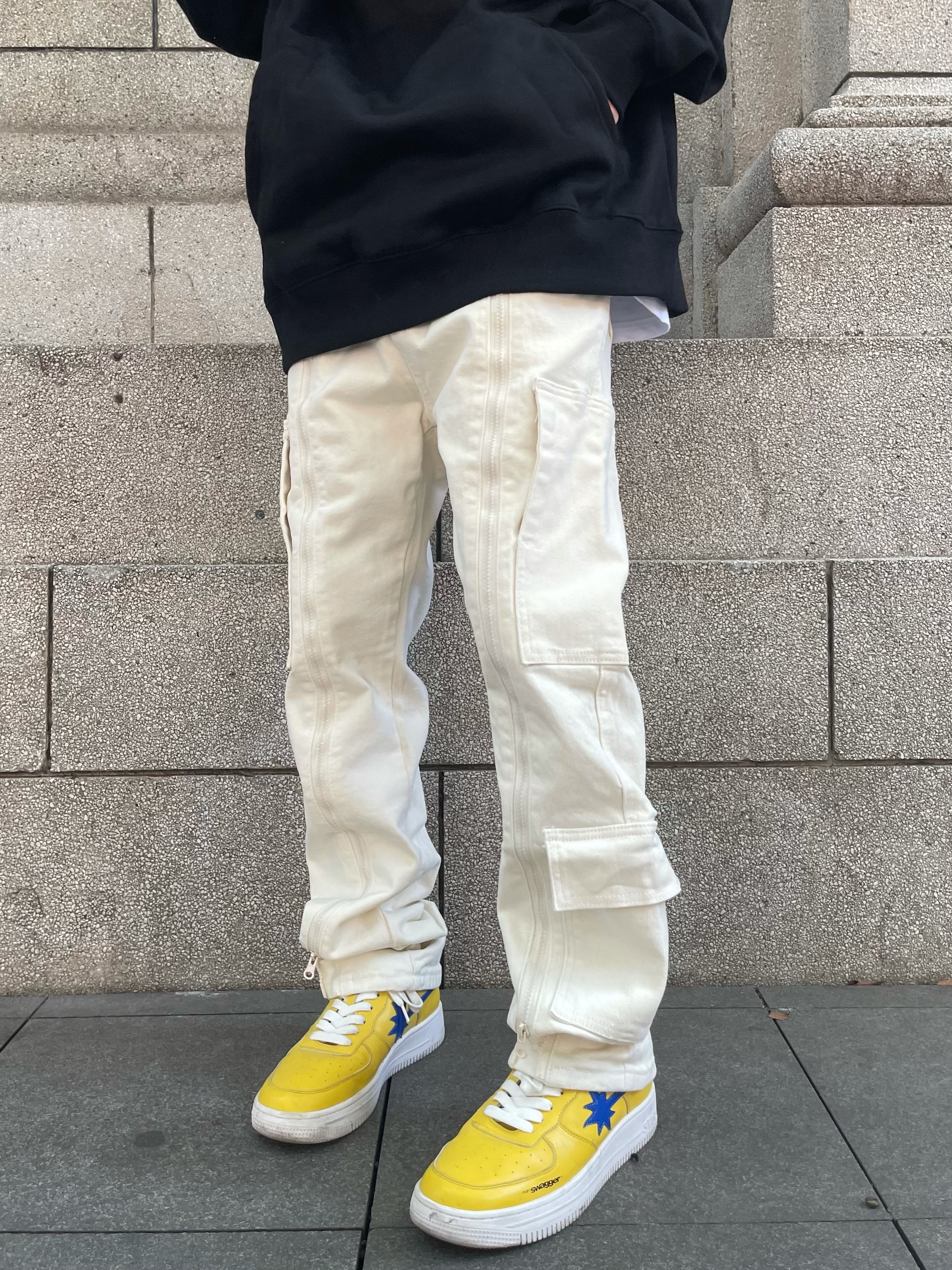 HY711高街小众高街感拉链拼接设计宽松直筒白色工装休闲裤男女