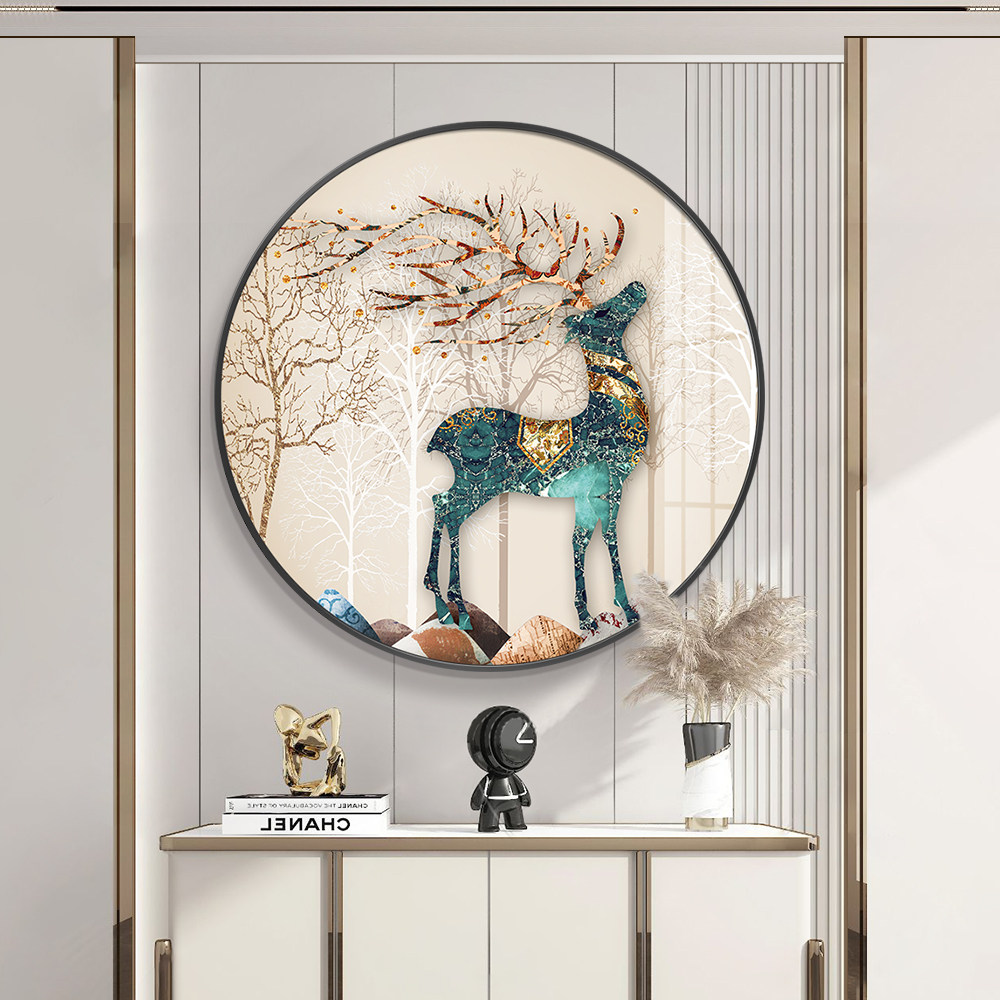 发财鹿玄关圆形装饰画轻奢招财客厅背景墙壁画新中式餐厅饭桌挂画
