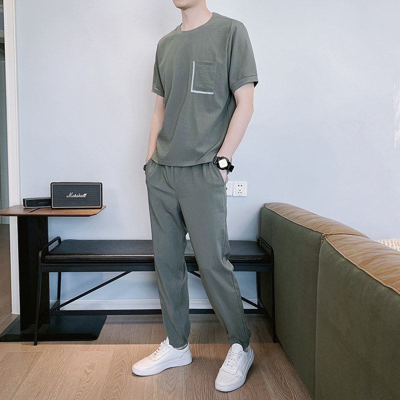 青年男装夏天25岁学生小伙子短袖衣服休闲运动两件休闲运动套装