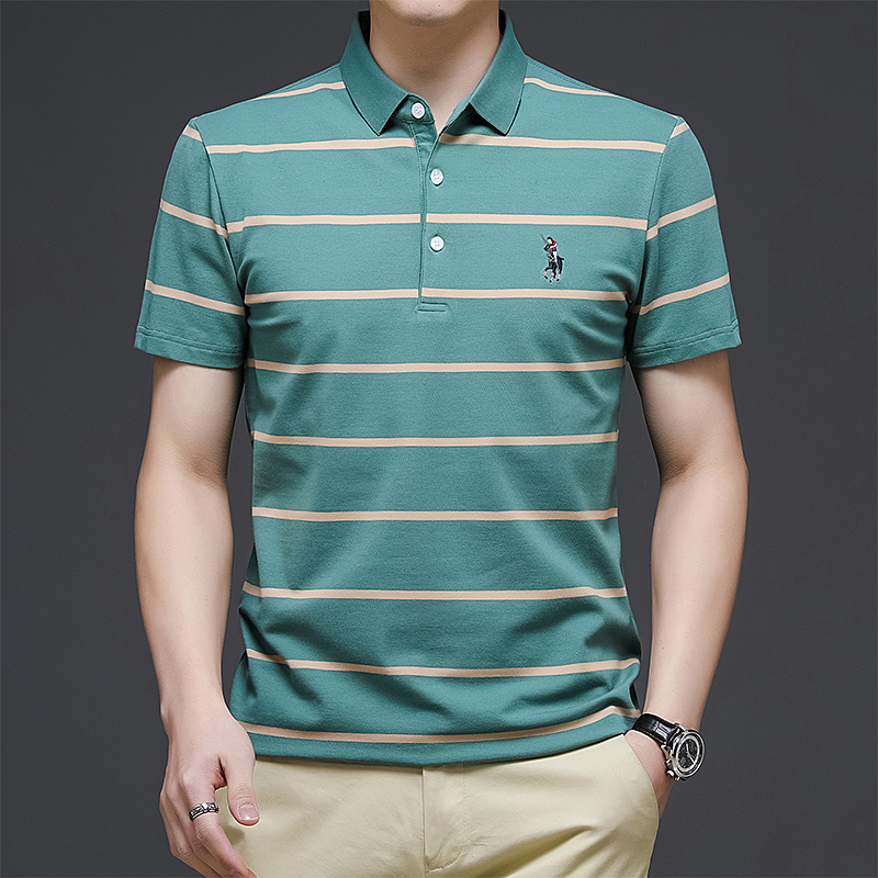 纯棉条纹短袖t恤男大码衣服中年宽松刺绣翻领棉上衣珠地全棉t恤衫