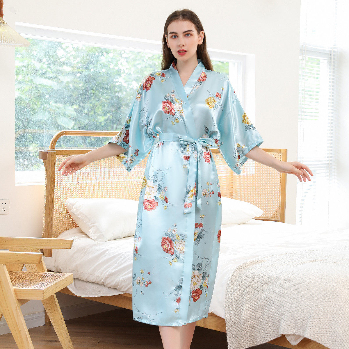 跨境长款2022夏季新款时尚芍药牡丹女士印花睡袍