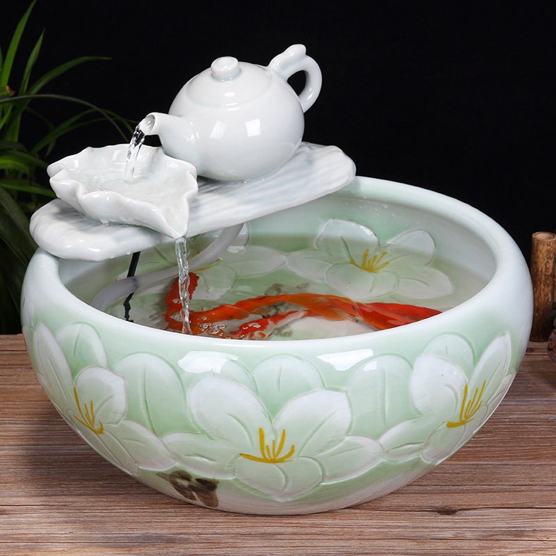 景德镇陶瓷鱼缸客厅喷泉桌面流水鱼缸家用小型循环招财鱼缸养鱼盆