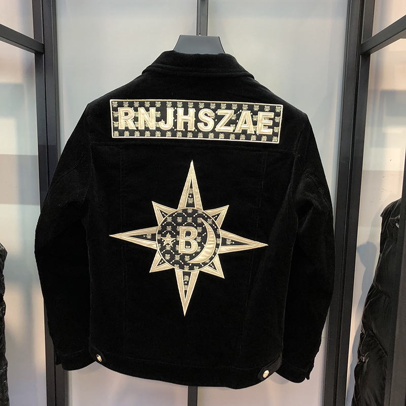 欧洲站男2021秋冬潮牌个性翻领修身夹克男潮流刺绣加棉休闲外套男