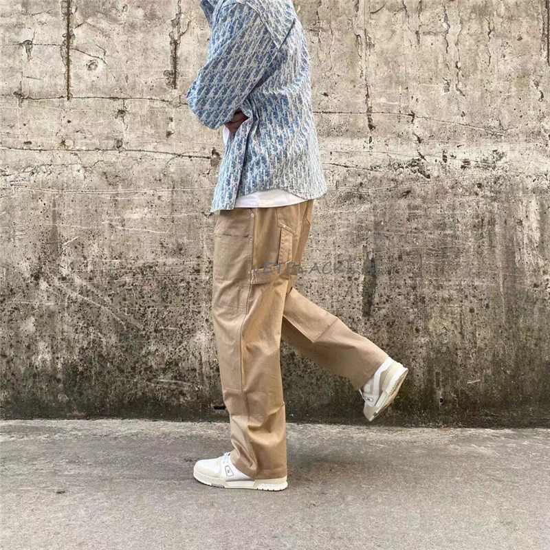 新款拼接剪裁口袋刺绣小蜜蜂飘带男士百搭宽松工装休闲长裤滑板裤