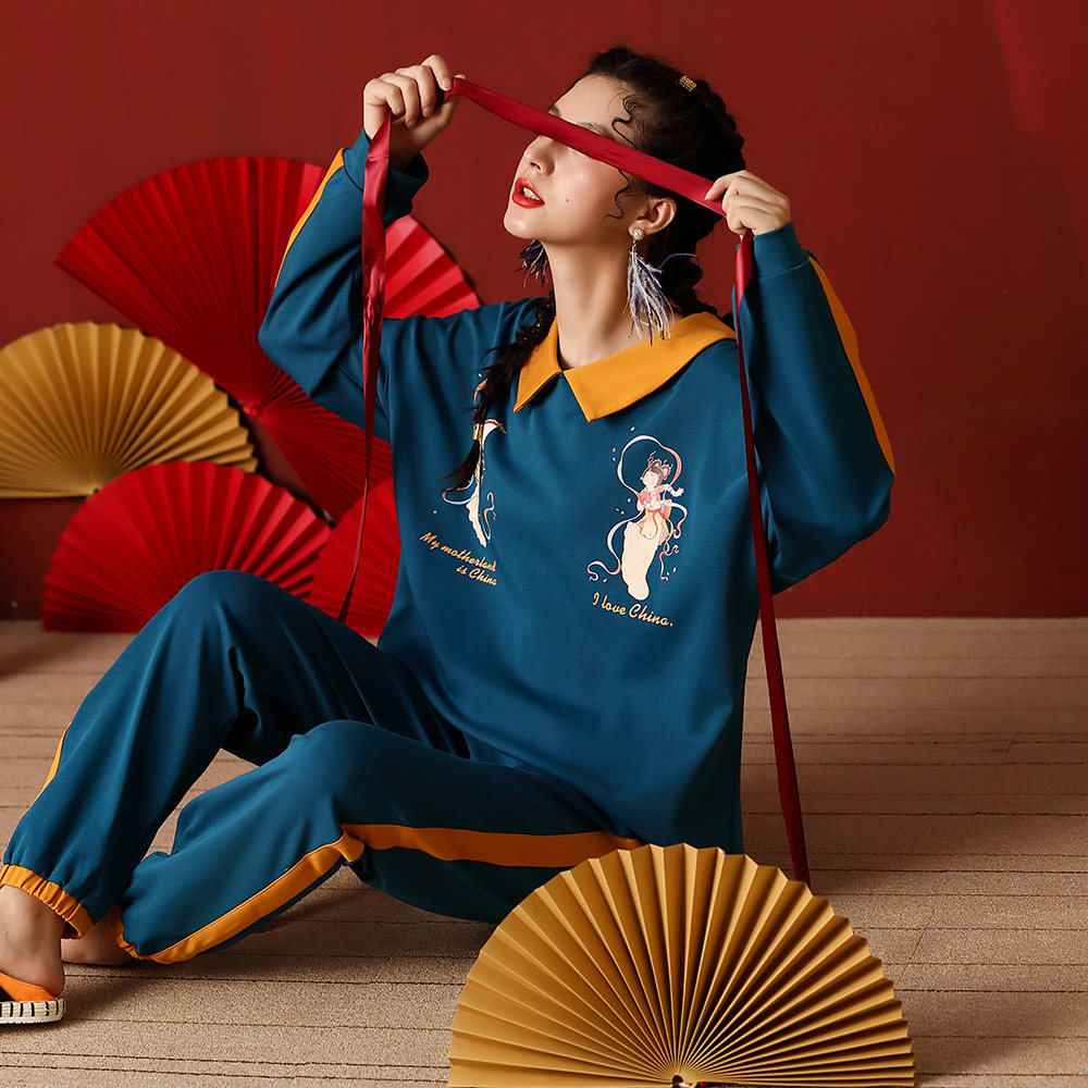 幻想曲睡衣女春秋季纯棉国潮套装可外复古套头睡衣