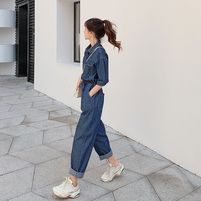 2020夏季新款牛仔连体裤女宽松系带工装连衣牛仔裤