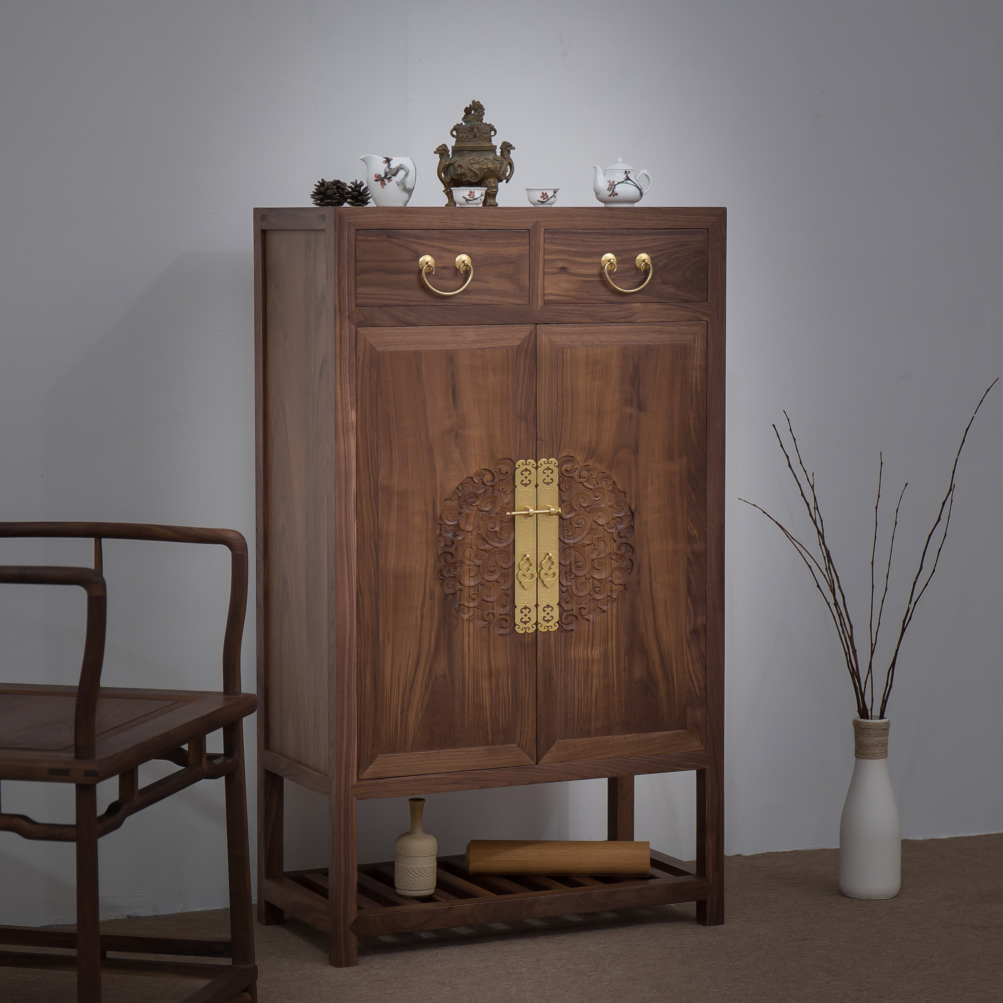 新中式收纳榫卯明式榆木胡桃木柜黑玄关鞋架门厅鞋柜