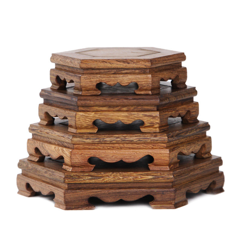 实木木质六角紫砂壶茶具底座 红木鸡翅木花瓶花盆景木托木座