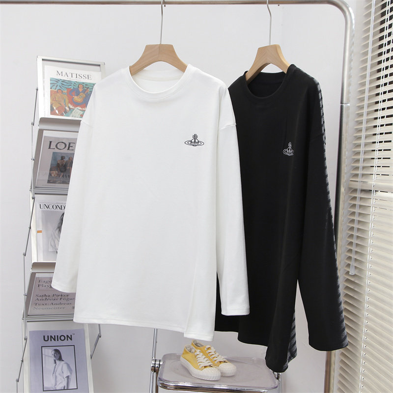 bana外贸小众刺绣星球开叉白色中长款白体t恤女长袖宽松内搭上衣