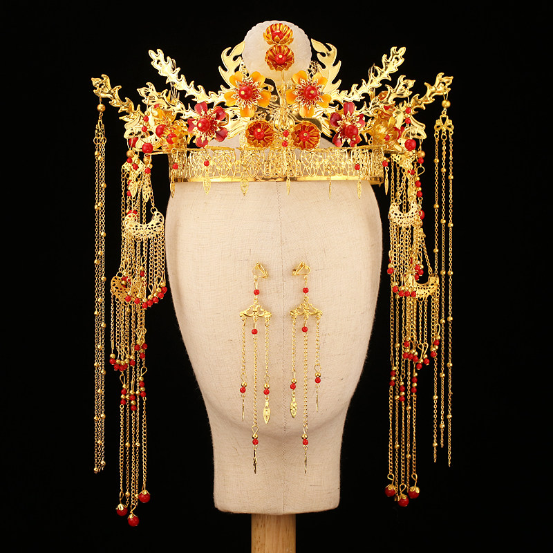 秀禾满淘新娘中式古装头饰金色流苏步摇凤冠发饰